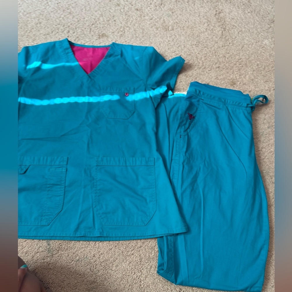 Med Couture Teal Scrub Set with Pink Accent